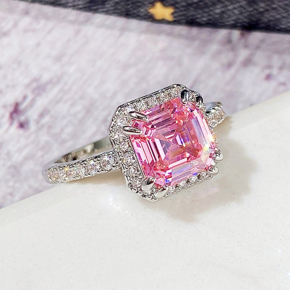 3/$35 Square Pink Silver Copper Ring Diamond Cubic Zirconia Gemstone Jewelry